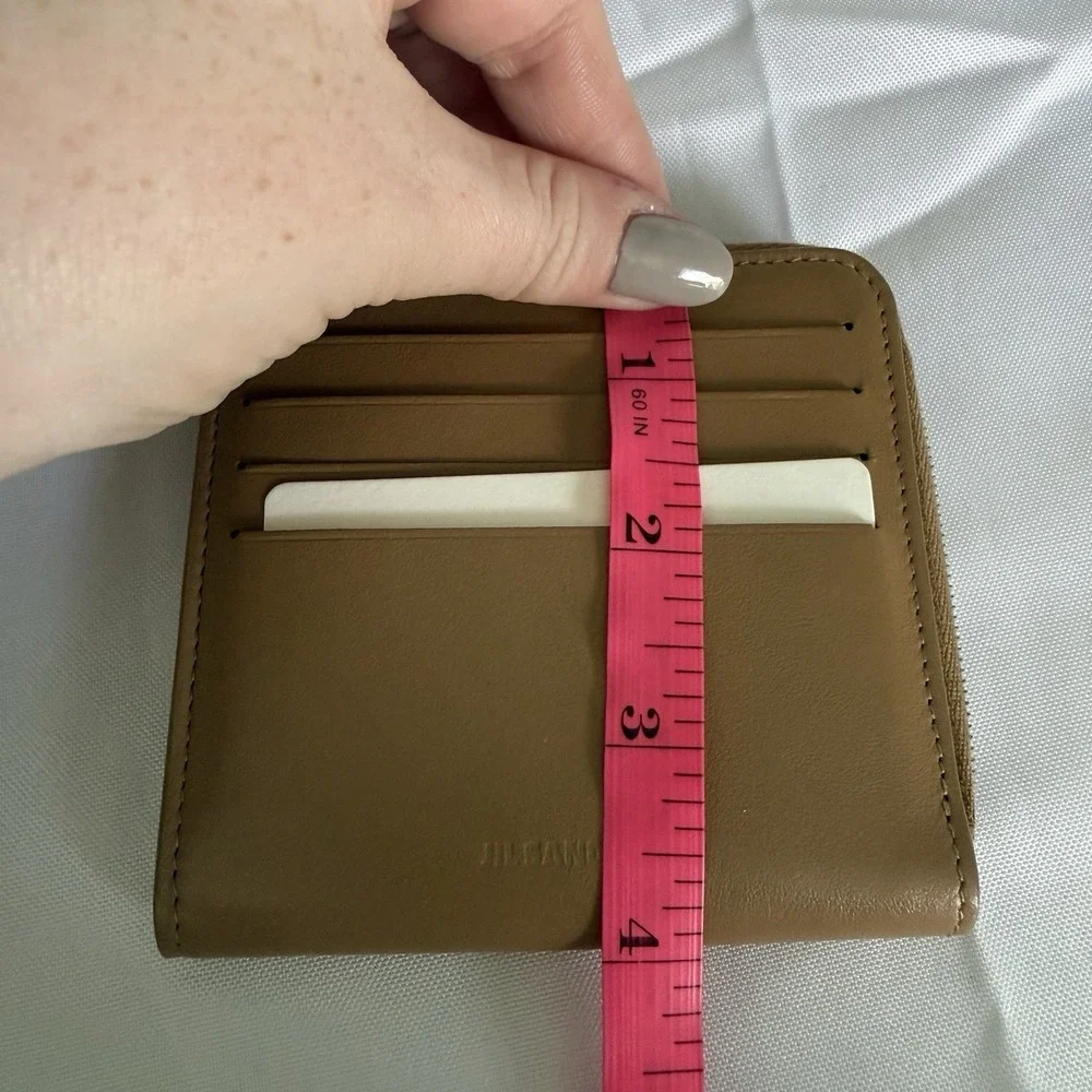JIL SANDER Card Case Wallet Zip Around Coin Pouch Chestnut Brown Leather NWT